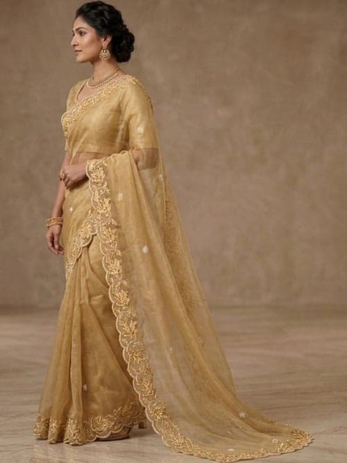 Gold-Toned Solid Saree with Floral Embroidered Border