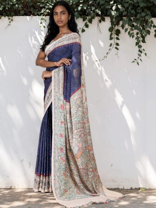 Navy Blue & Multicoloured Kalamkari Print Saree