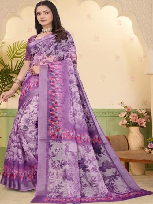 Purple Kanjeevaram Floral Print Saree with Woven Border