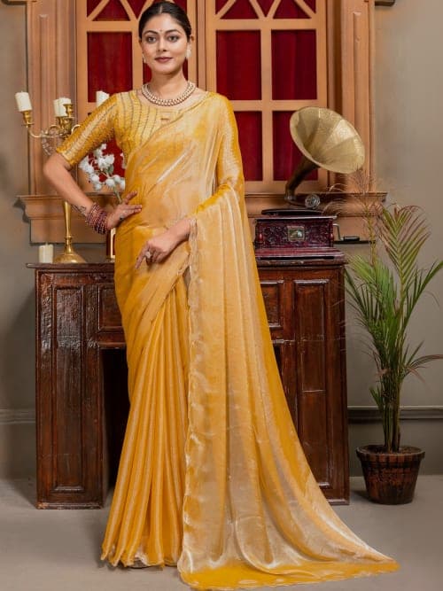 Mustard Solid Saree with Aari Work Border