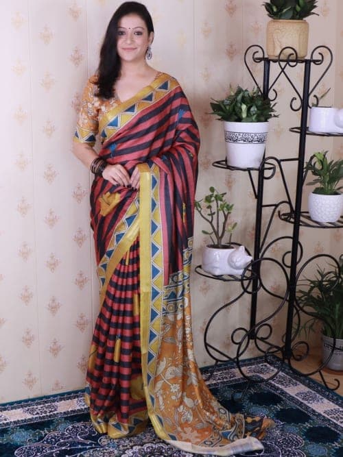 Multicoloured Ethnic motifs printed saree with woven design border