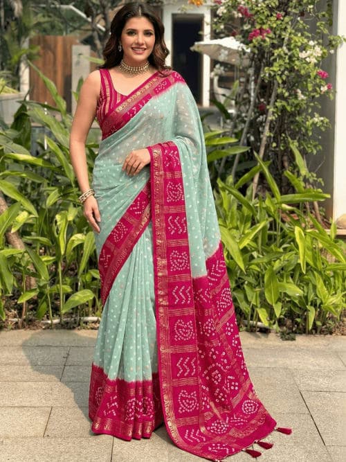 Green Bandhani Ethnic Motifs Printed saree with Woven Design Border