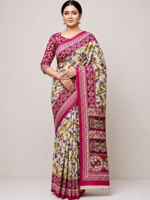 Off White Block Print Kalamkari Printed saree with Printed Border