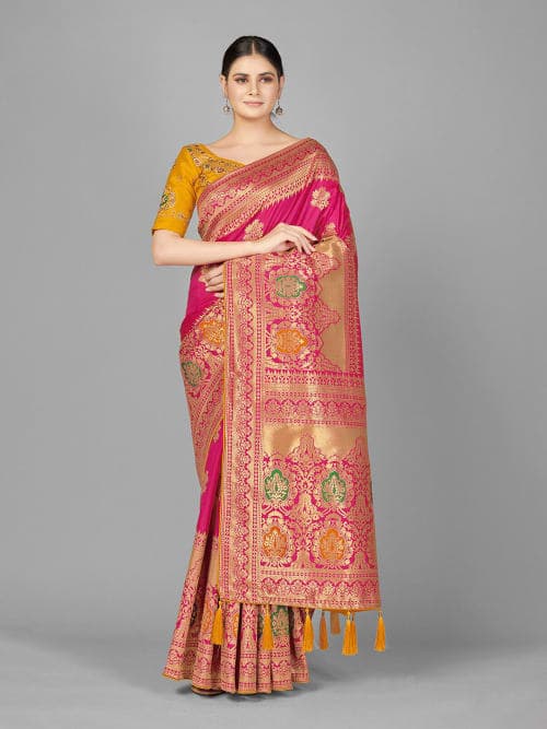 Pink Woven Design Zari Silk Blend Banarasi Saree