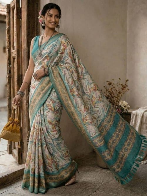 Off White Floral Printed saree with Embellished Border