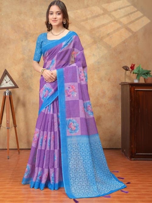 Purple and Blue Floral Printed saree with Printed Border