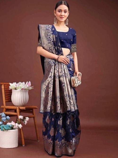 Navy Blue Banarasi Woven Saree with Zari Border