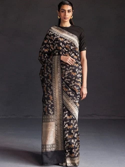 Black Ikat Woven Design Saree with Zari & Embellishments