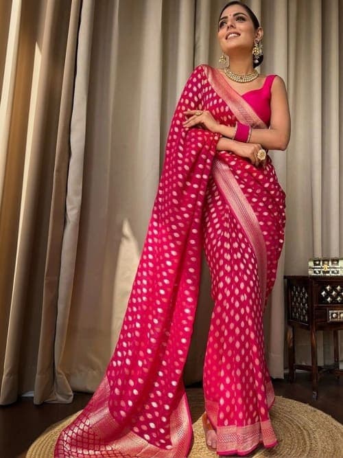 Pink Leheriya Woven Saree with Zari & Embellished Border