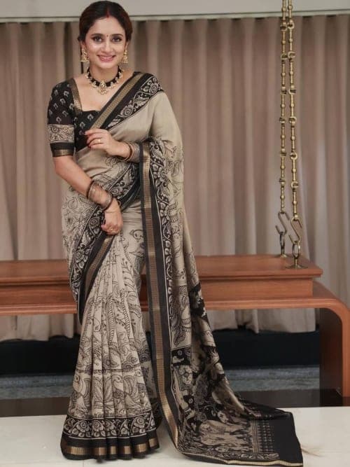 Beige and Black Kalamkari Printed saree with Woven Design Border