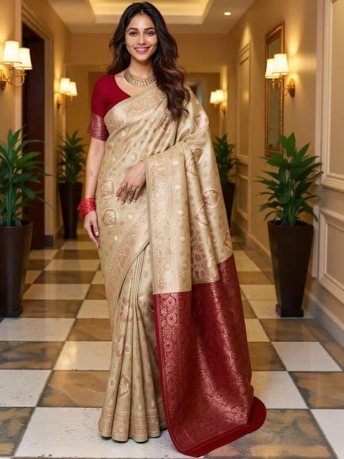 Beige Ethnic motifs woven design saree with woven design border