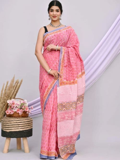 Blue & Pink Block Print Floral Saree with Embroidered Border