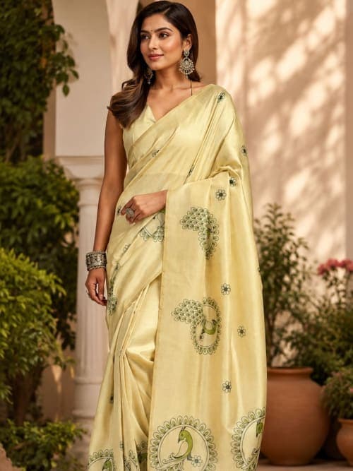 Cream coloured Ethnic Motifs Printed saree with Printed Border