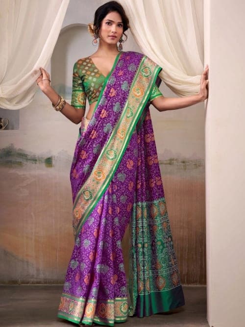 Purple Patola Bandhani Woven Saree with Zari Border