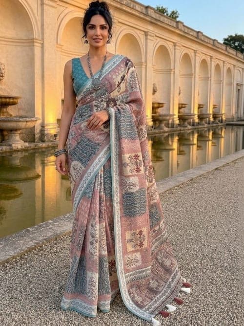 Pink Block Print sarees with Woven Design Border