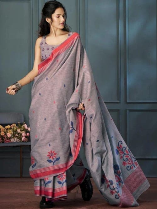 Grey Floral Printed Saree with Woven Design Border