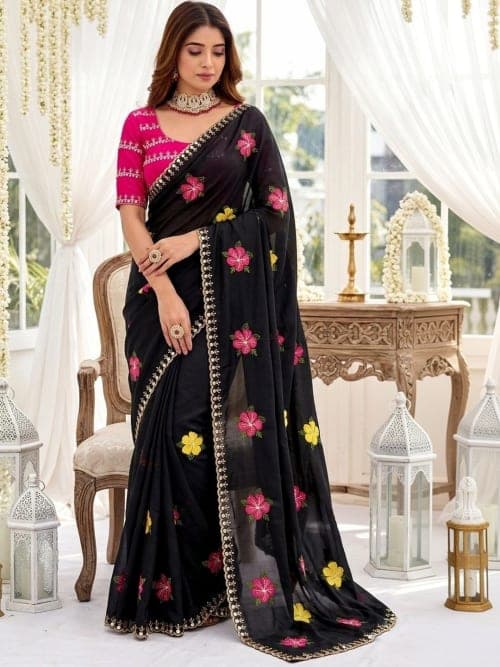 Black Satin Saree with Floral Embroidery & Embroidered Border