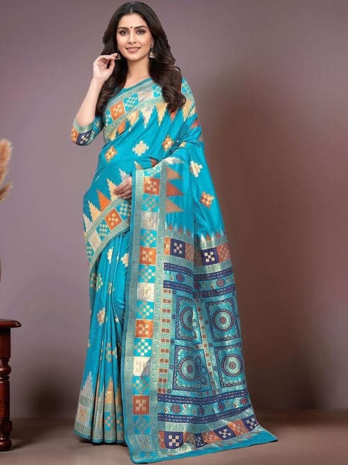 Blue banarasi Woven design saree with woven design border