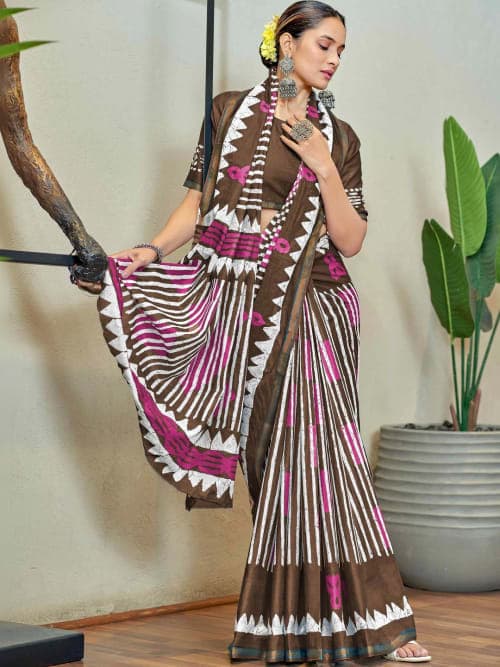 Brown Block Print Floral Striped Saree with Printed Border