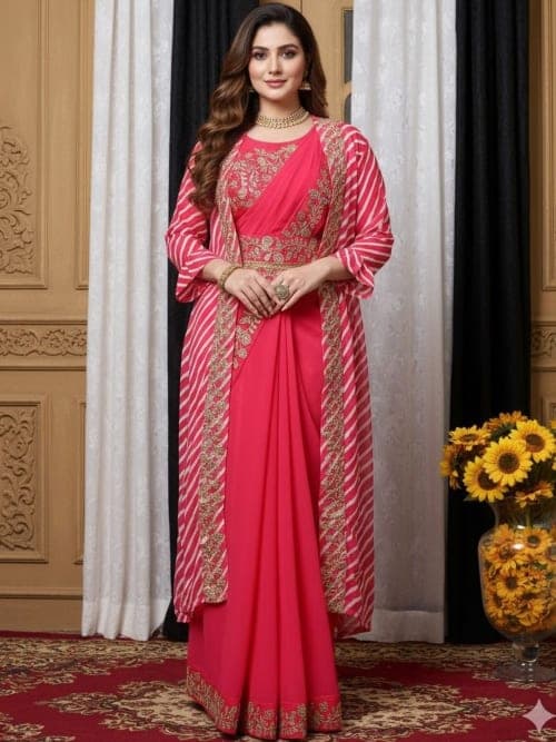 Pink Ethnic motifs embroidered saree with embroidered border