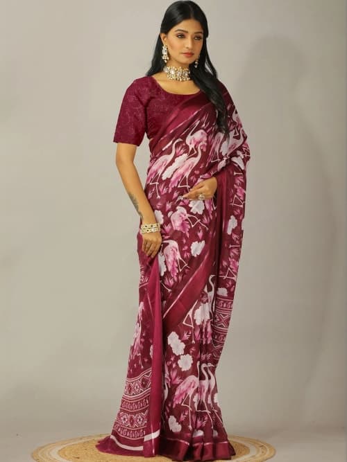 Maroon Ikat Floral Print Saree with Woven Border