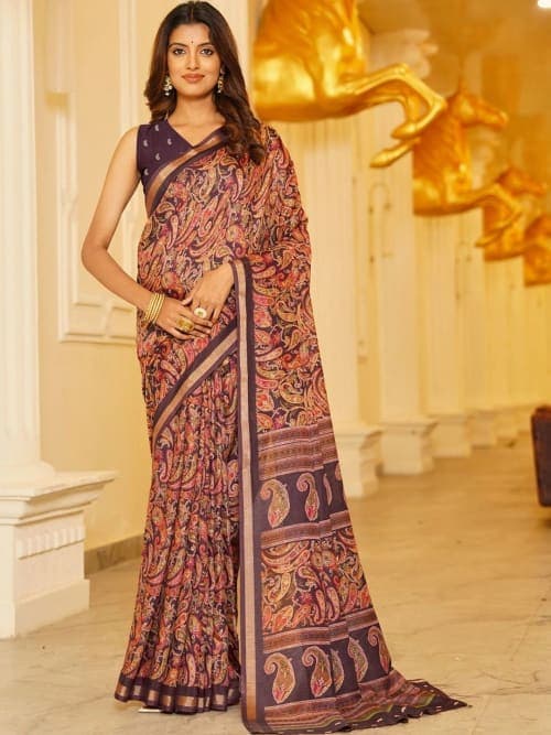 Purple Paisley Printed saree with Woven Design Borde