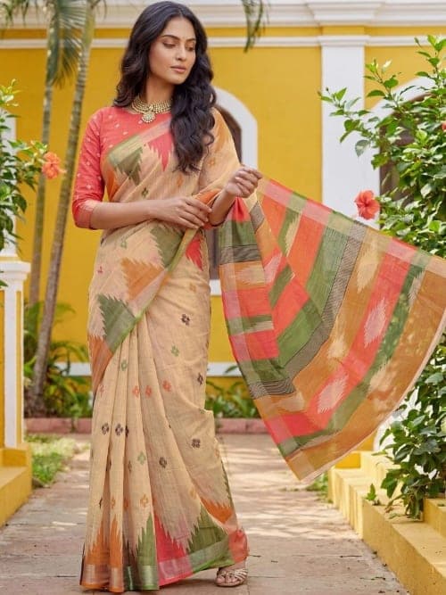 Peach Floral Print Saree with Woven Design Border