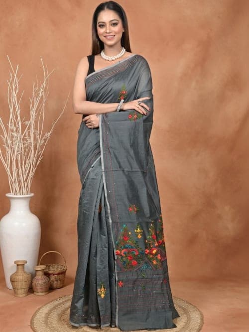 Charcoal Taant Floral Embroidered Saree with Embroidered Border