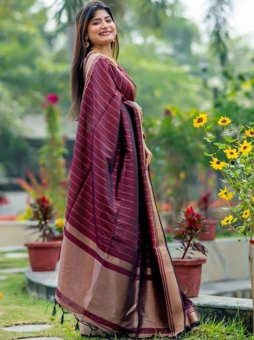 Maroon Mysore Silk Paisley Striped Saree with Zari Border