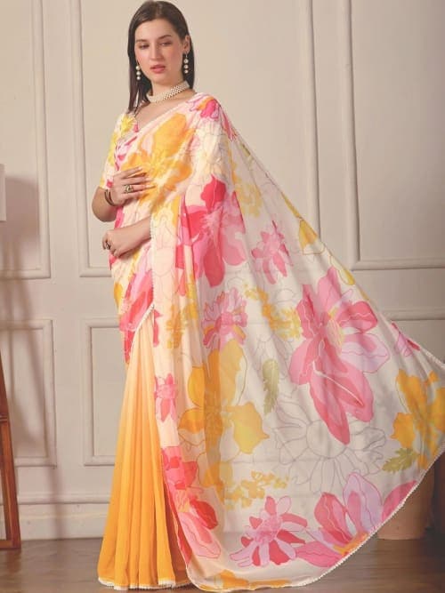 White Georgette Floral Print Saree with Gotta Patti & Embellished Border