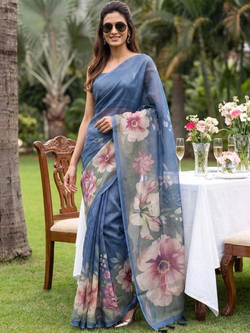 Blue Floral Printed saree with Woven Design Border