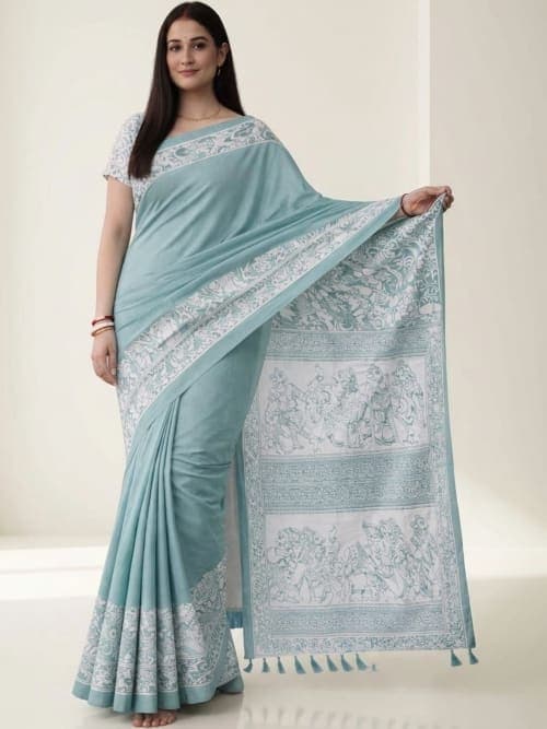 Sea Green Kalamkari Print Polyester Saree