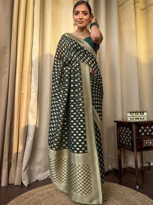 Green Patola Saree with Ethnic Motifs, Zari & Embellished Border