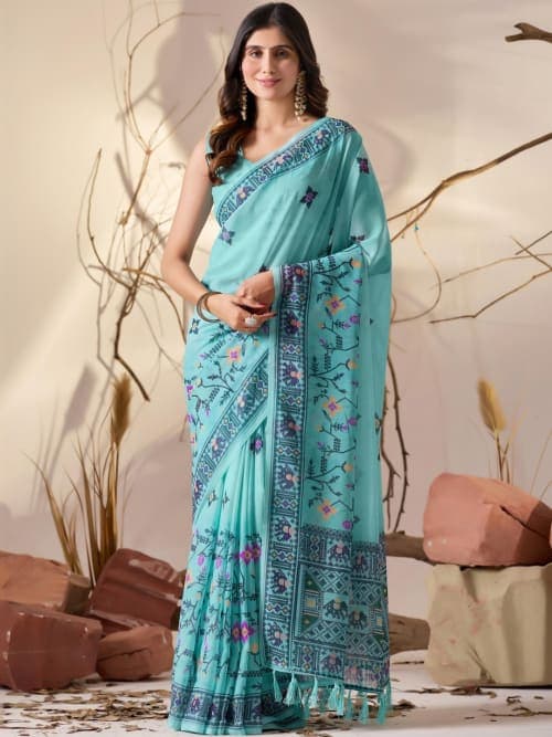 Turquoise blue Floral printed saree with printed border