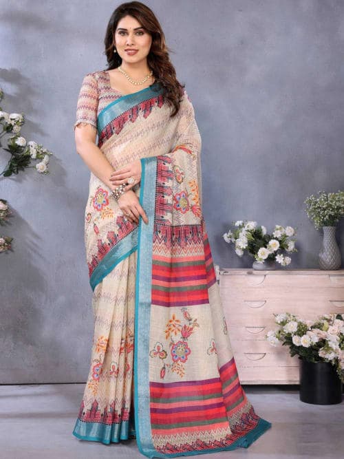 Beige Block Print Floral Saree with Woven Border