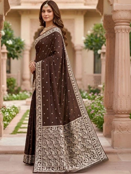 Brown & Silver Banarasi Silk Blend Woven Saree with Zari Border