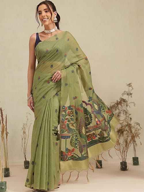 Olive Green Ethnic Motifs Embellished saree with Woven Design Border