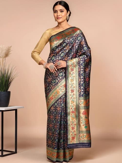 Navy blue Floral woven design saree with woven design border