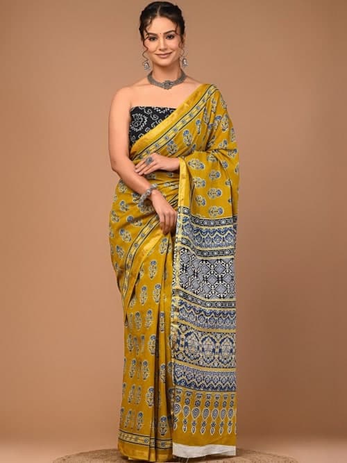 Mustard Ethnic Motifs Printed saree with Printed Border