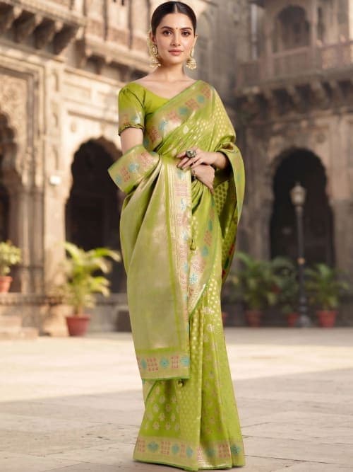 Lime Green Banarasi Paisley Woven Saree with Zari Border