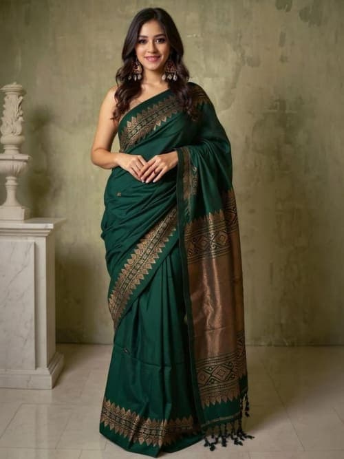 Dark Green Women Woven Design Kanjeevaram Sarees