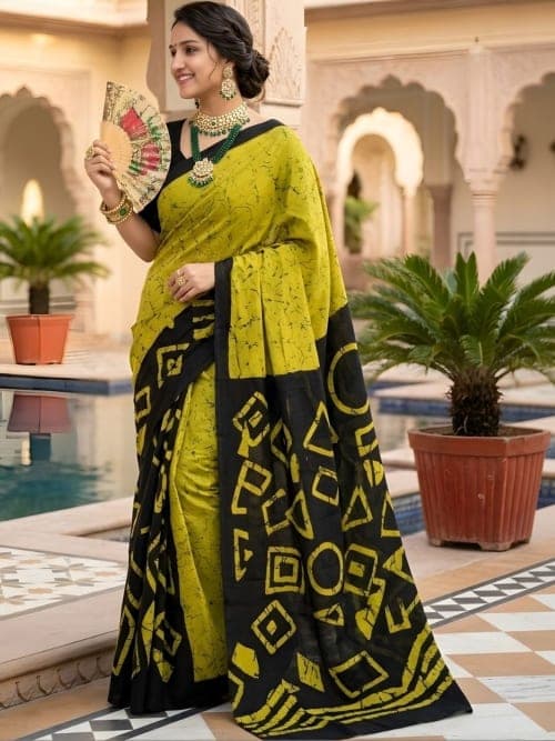 Bagru Geometric Printed saree with border