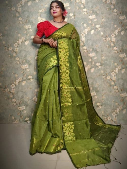 Olive Green Taant Handloom Saree with Zari Woven Border