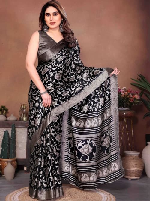 Black and Silver-Toned Floral Printed saree with Woven Design Border