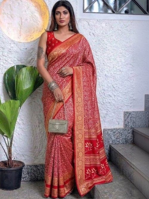 Red Woven Printed Saree with Zari Border & Details