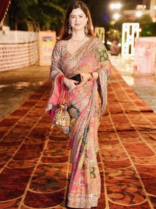 Multicoloured Banarasi Solid Saree with Mirror Work Embroidered Border