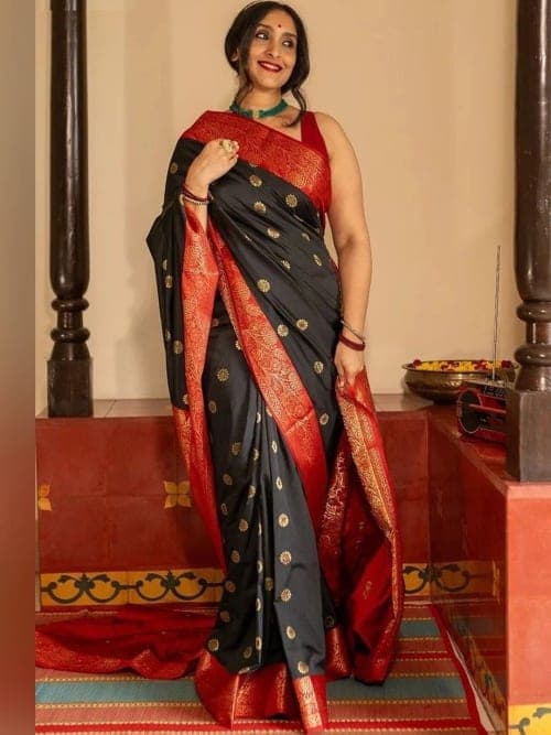 Black Ikat Kalamkari Embellished Saree with Zari Border