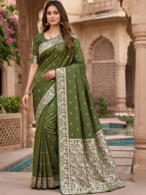 Olive Green & Silver-Toned Banarasi Silk Blend Saree