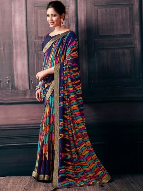 Blue Leheriya Abstract Print Saree with Embellished Border