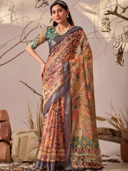 Multicoloured Kalamkari Printed saree with Woven Design Border
